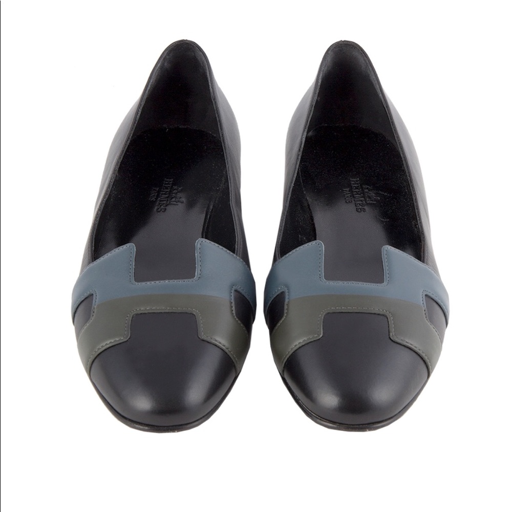Hermes black flats shoes H authentic new